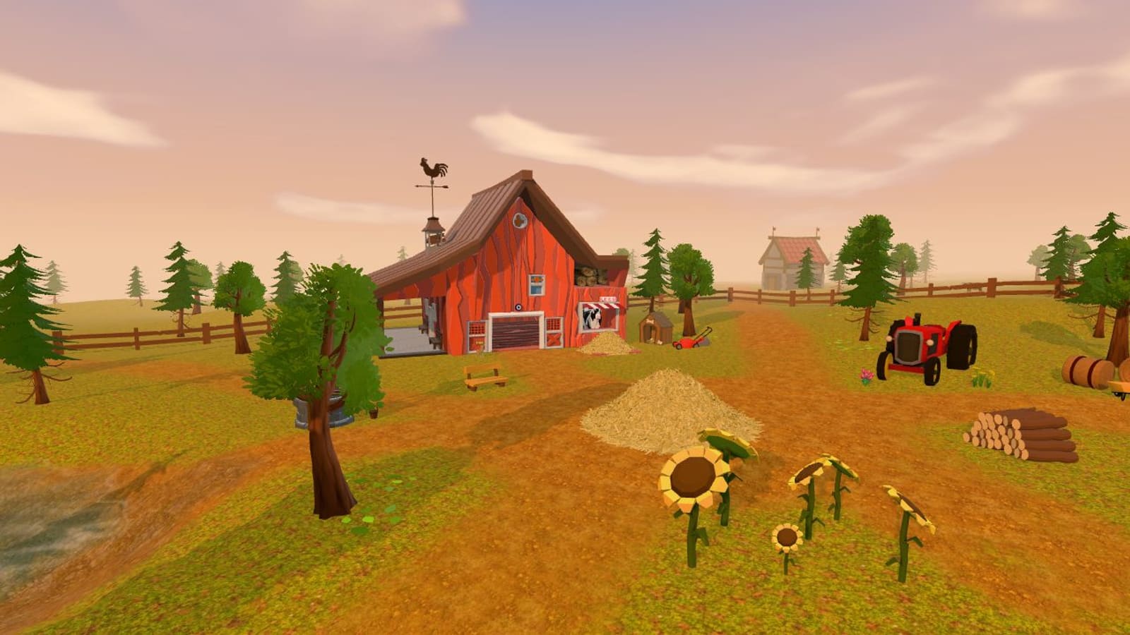 Needle Hunt — a farm at sunset, with a haystack in front of a red barn