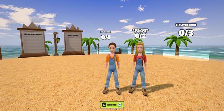 The lobby island: step onto a room pad, fill it up, and the farm loads for everyone standing in it.